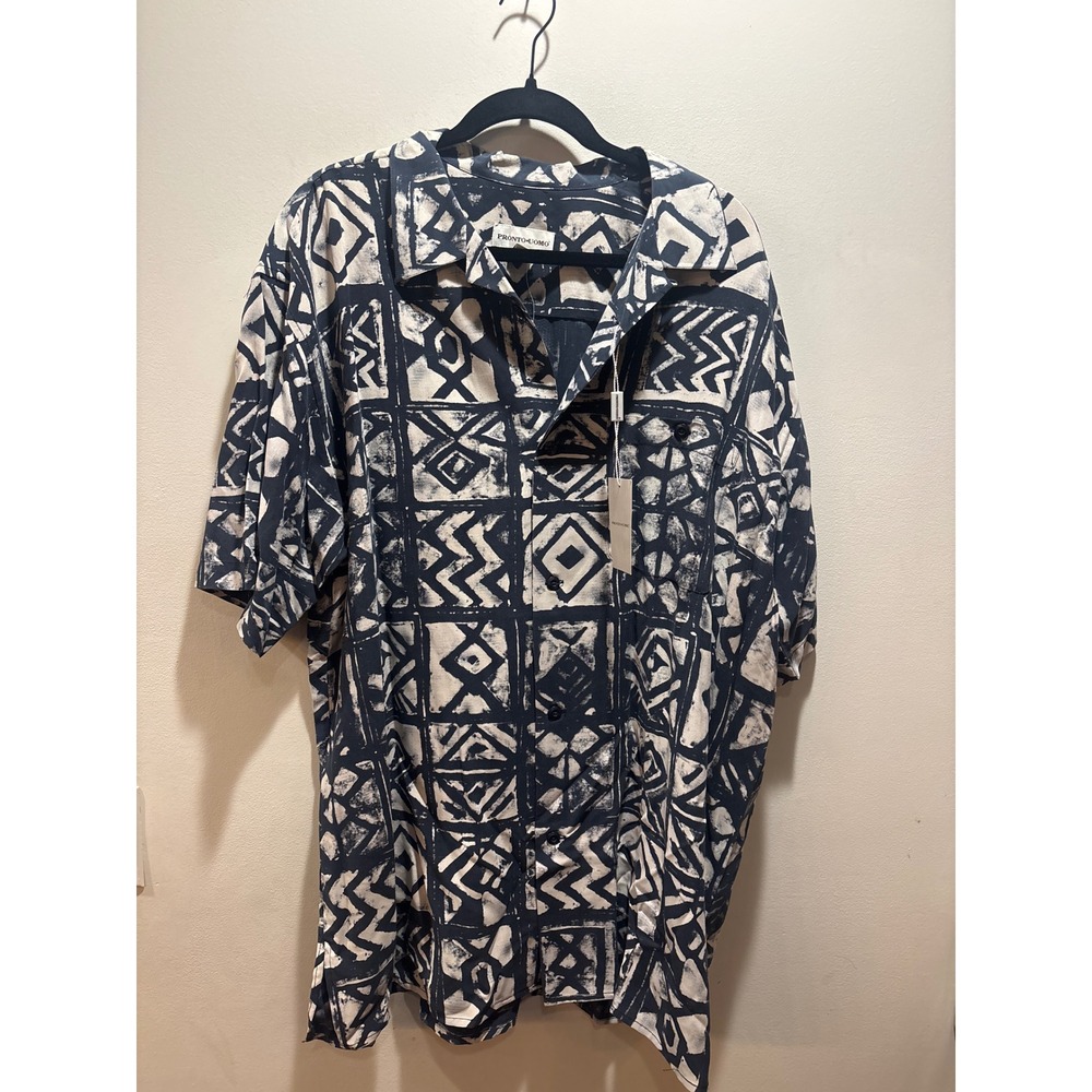NWT Pronto Uomo‎ XXL Silk Short Sleeve Button Down Shirt Navy Geometric Tribal